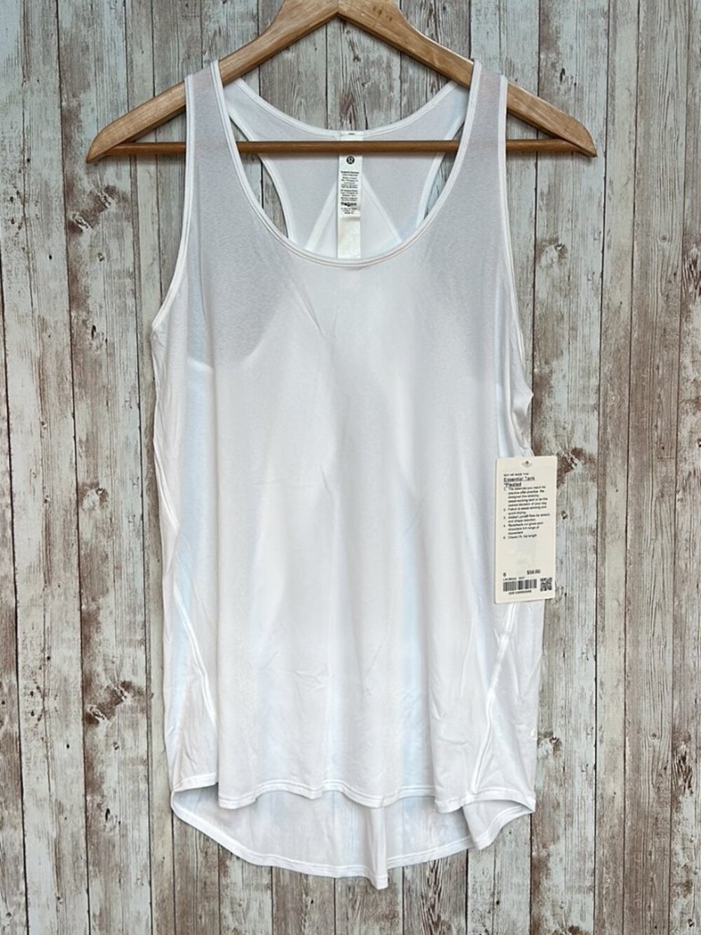Lululemon Essential Tank Top Pleated White sz 6 Sheer Logo Cross Back Yoga Run